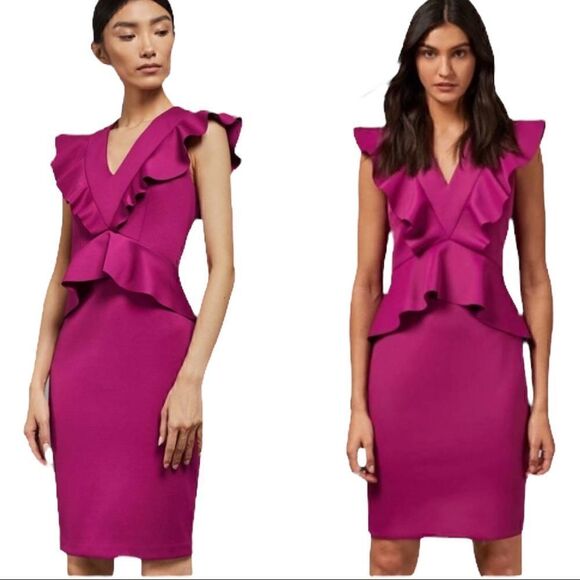 Ted Baker Fuchsia Pink Alair Ruffle-Trimmed Peplum V- Neck Dress - Picture 1 of 7